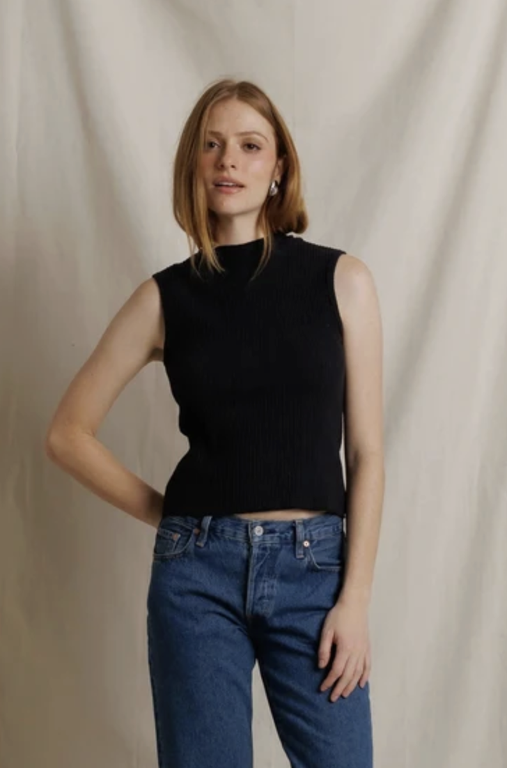 perfectwhitetee Top Violet Sweater Rib Mockneck Tank, True Black Soho-Boutique