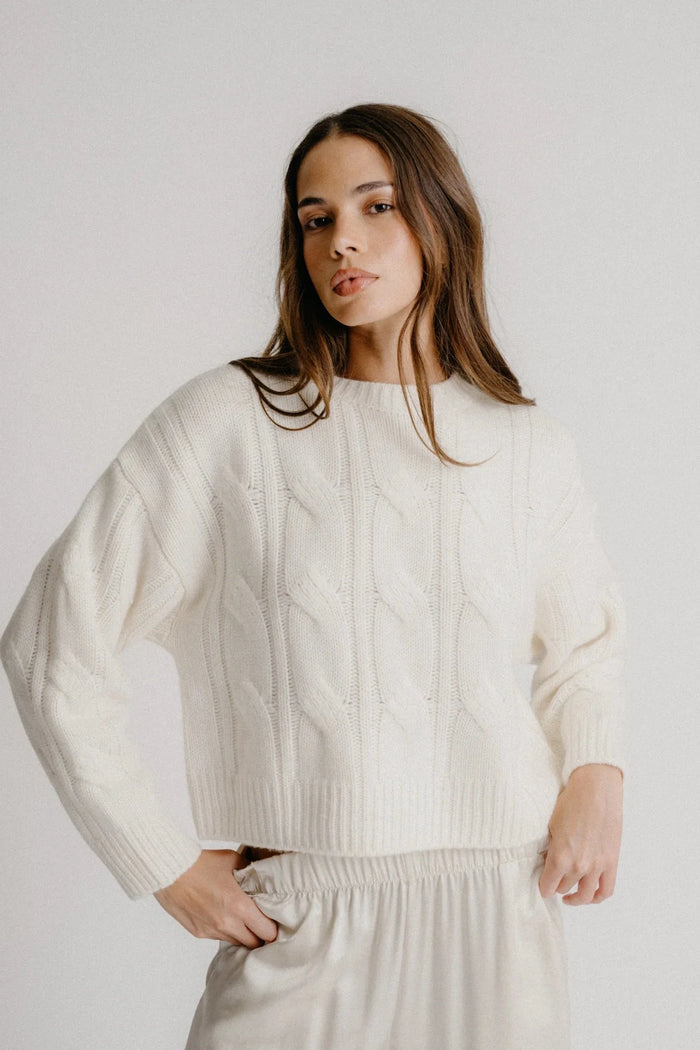 SABLYN Sweater Tristan Crewneck Cable Pullover, Gardenia Soho-Boutique