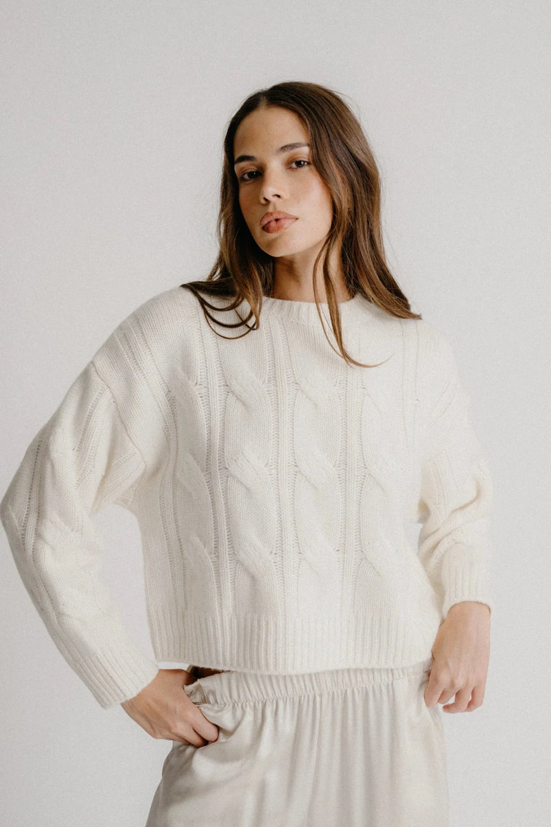 SABLYN Sweater Tristan Crewneck Cable Pullover, Gardenia Soho-Boutique