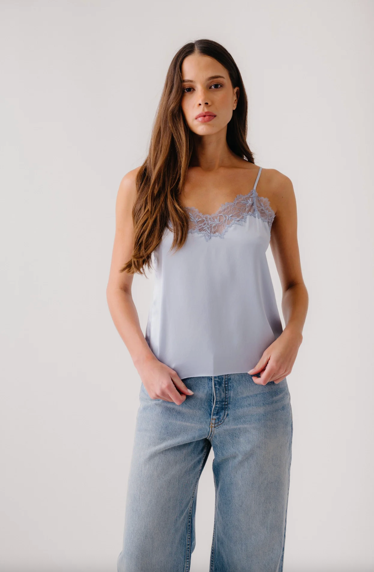 SABLYN Tank Bobbi Lace Trim V-Neck Silk Cami, Whisper Soho-Boutique