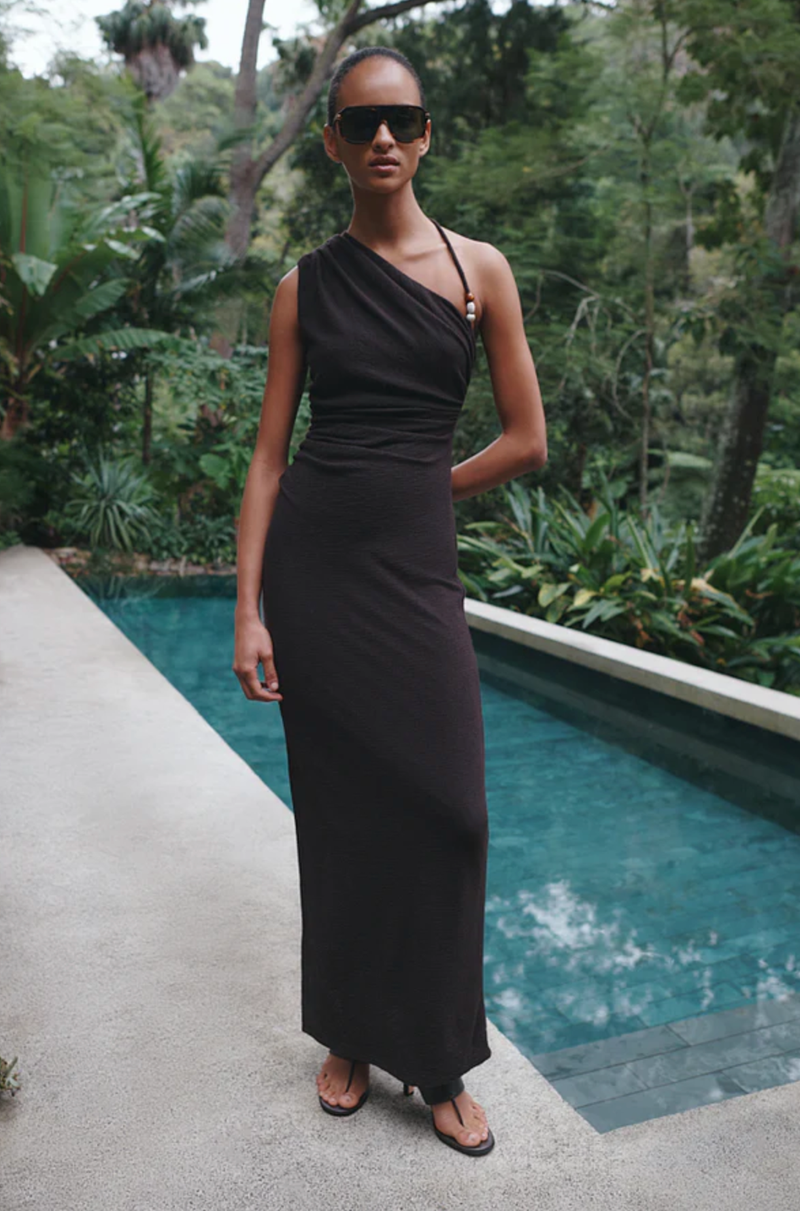 SHONA JOY Dress Beau Gathered Midi Dress, Espresso Soho-Boutique