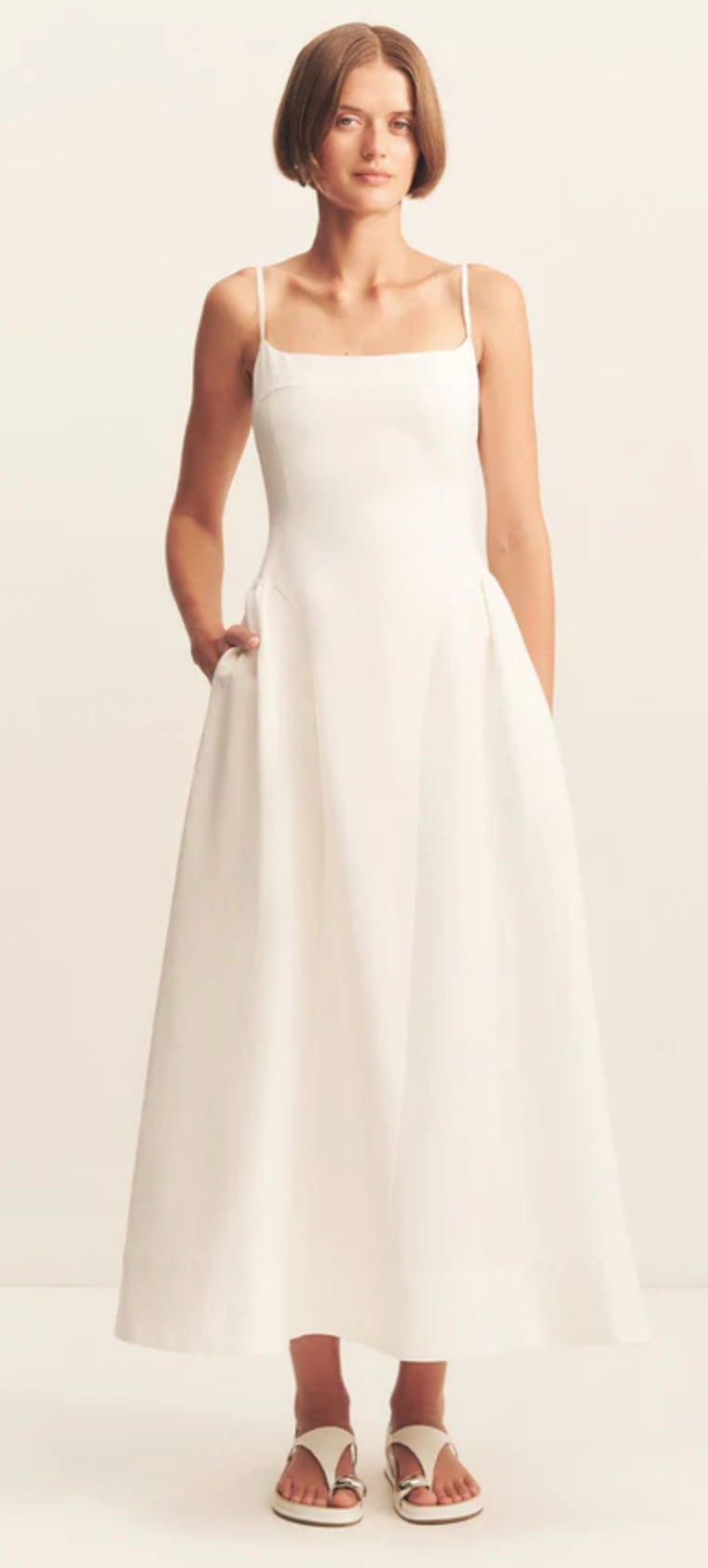 SHONA JOY Dress Gigi Square Neck Midi Dress, Ivory Soho-Boutique