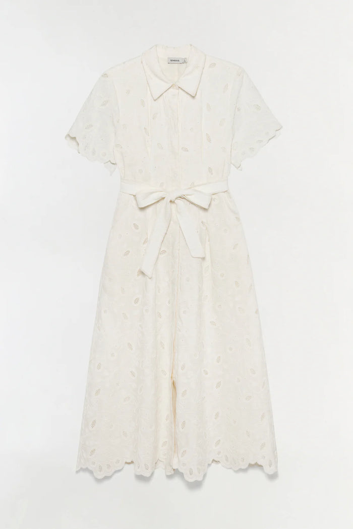 SIMKHAI Dress Audria Belted Linen Midi Dress, Ivory Soho-Boutique