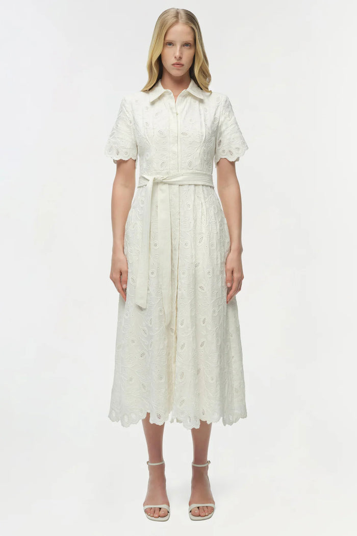 SIMKHAI Dress Audria Belted Linen Midi Dress, Ivory Soho-Boutique