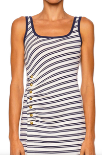 SIMKHAI Dress Becker Cotton Jersey Midi Dress, Midnight Stripe Soho-Boutique