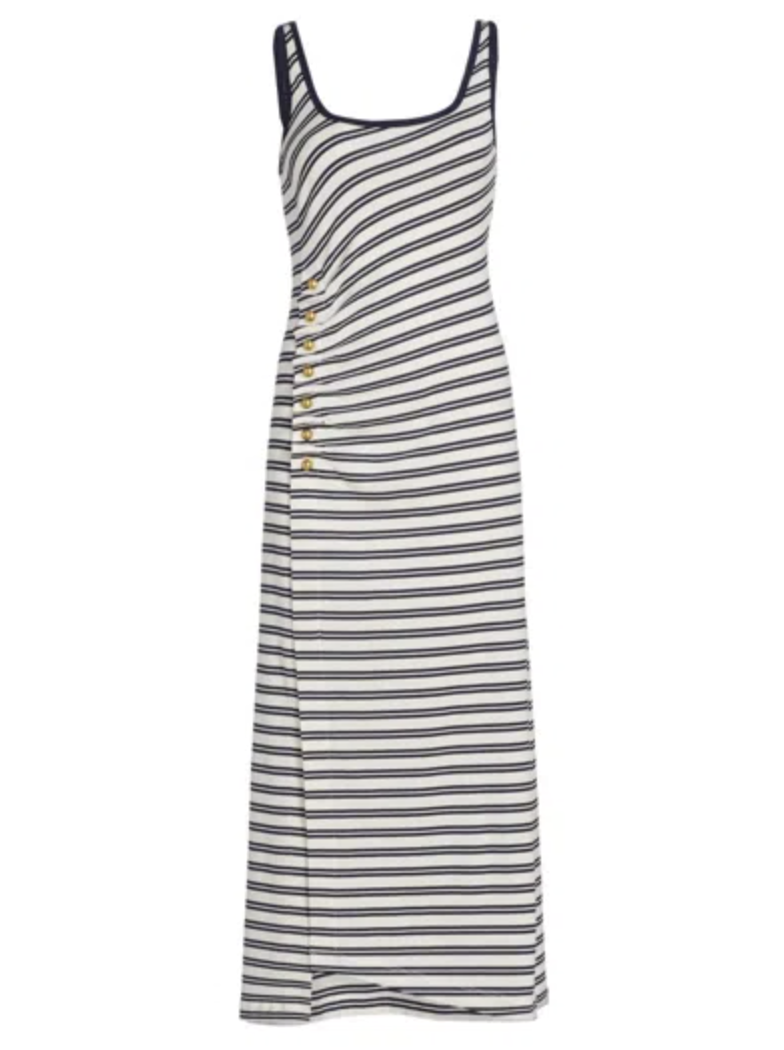 SIMKHAI Dress Becker Cotton Jersey Midi Dress, Midnight Stripe Soho-Boutique