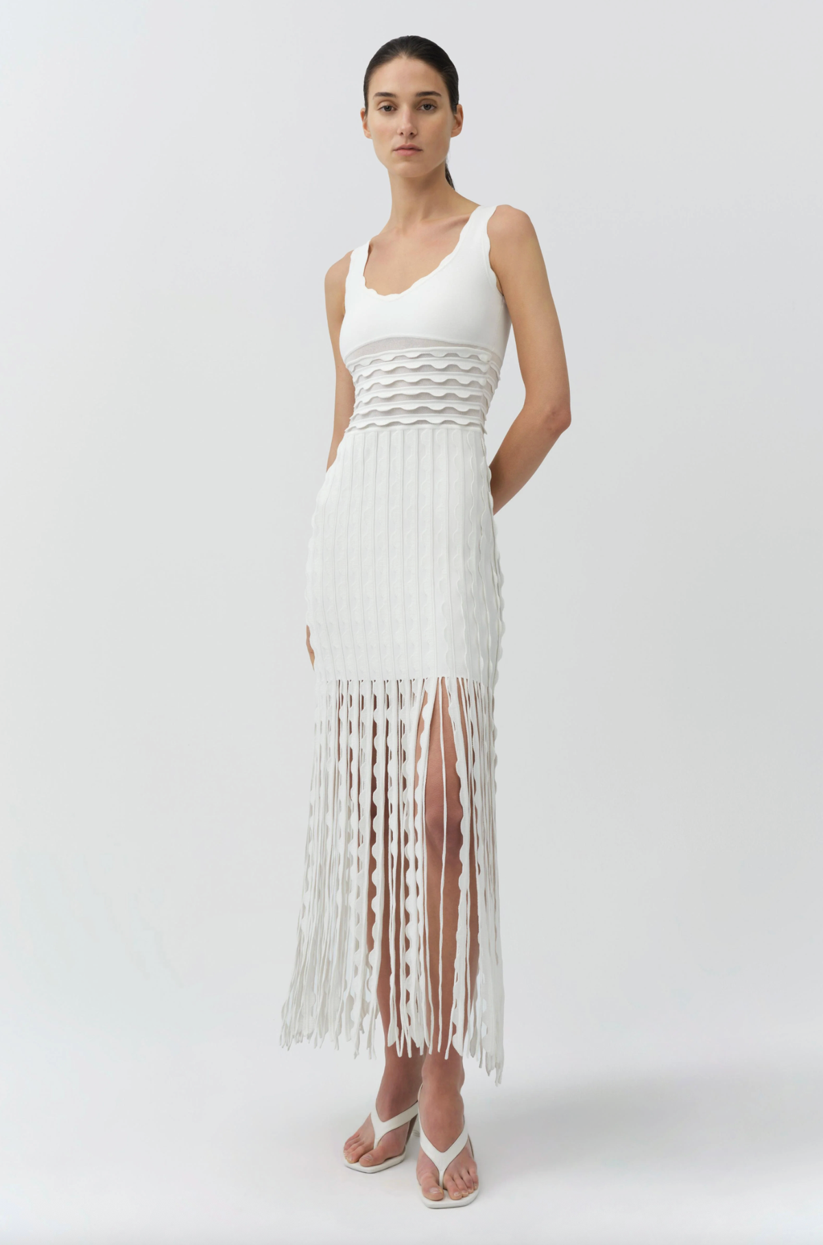 SIMKHAI Dress Brionne Scalloped Knit Midi Dress, Ivory Soho-Boutique