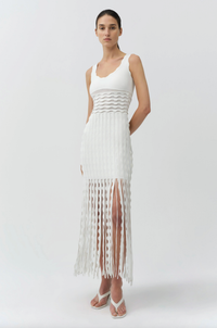SIMKHAI Dress Brionne Scalloped Knit Midi Dress, Ivory Soho-Boutique
