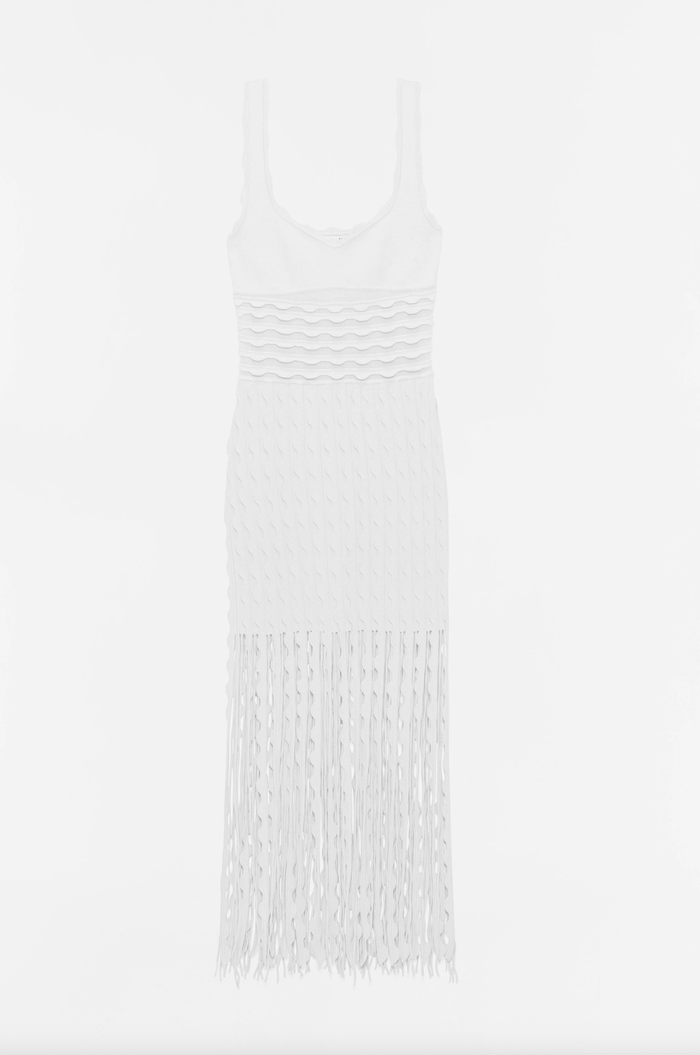 SIMKHAI Dress Brionne Scalloped Knit Midi Dress, Ivory Soho-Boutique