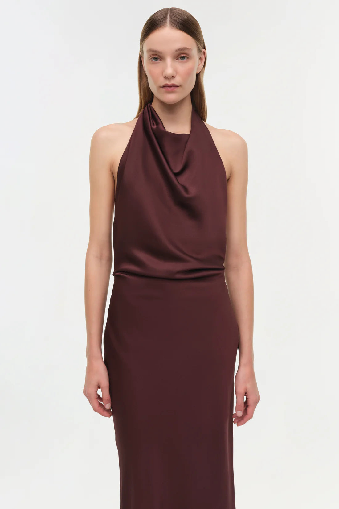SIMKHAI Dress Reannon Draped Satin Gown, Mahogany Soho-Boutique