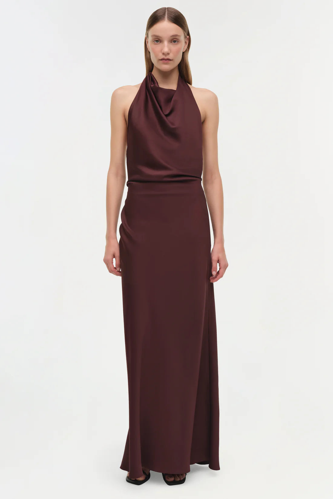 SIMKHAI Dress Reannon Draped Satin Gown, Mahogany Soho-Boutique