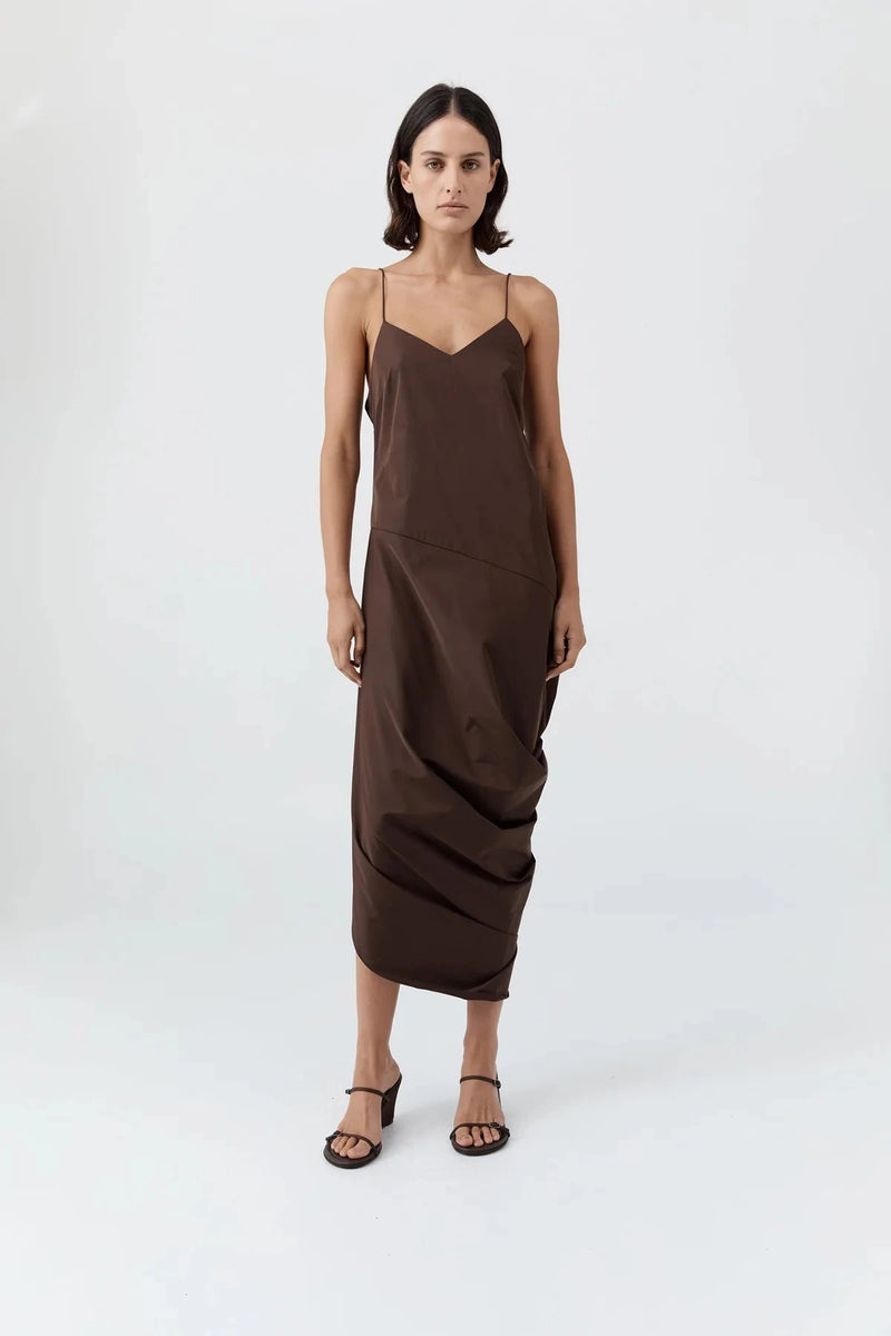 St. Agni Dress Paper Taffeta Drape Dress, Mocha Soho-Boutique