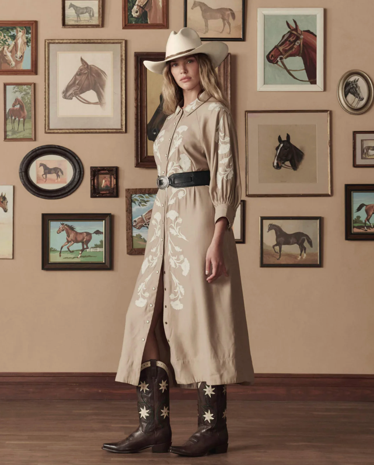 The Great Dress The Western Embroidered Herd Dress, Soft Tan With Cream Embroidery Soho-Boutique