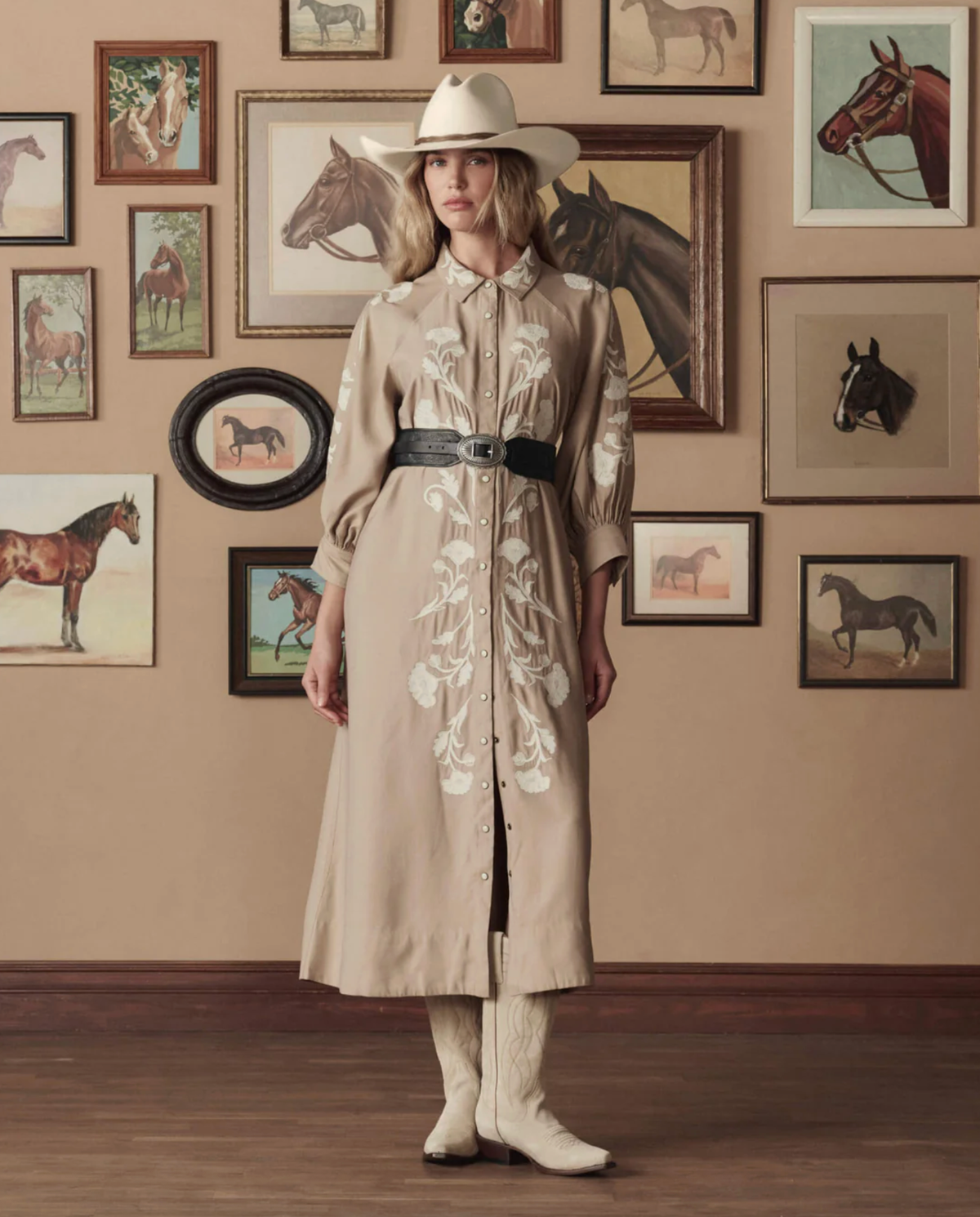 The Great Dress The Western Embroidered Herd Dress, Soft Tan With Cream Embroidery Soho-Boutique