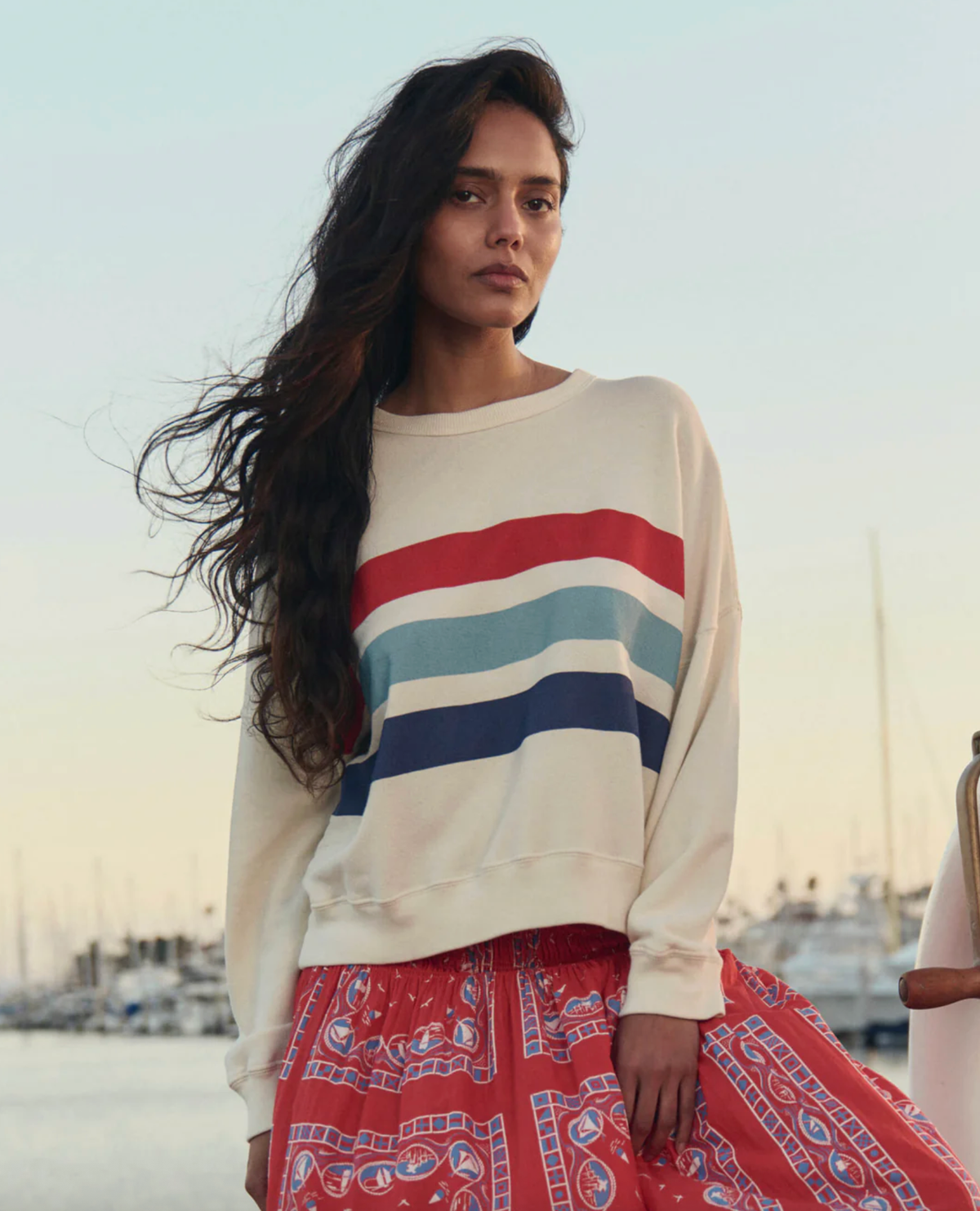 The Great Sweatshirt The Teammate Sweatshirt W/ Saltwater Stripe, Washed White Soho-Boutique