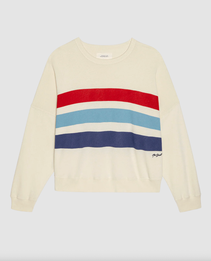 The Great Sweatshirt The Teammate Sweatshirt W/ Saltwater Stripe, Washed White Soho-Boutique