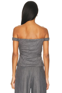 THE SEI Top Off Shoulder Top, Grey Chambray Soho-Boutique