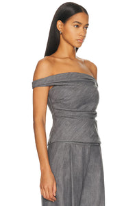 THE SEI Top Off Shoulder Top, Grey Chambray Soho-Boutique
