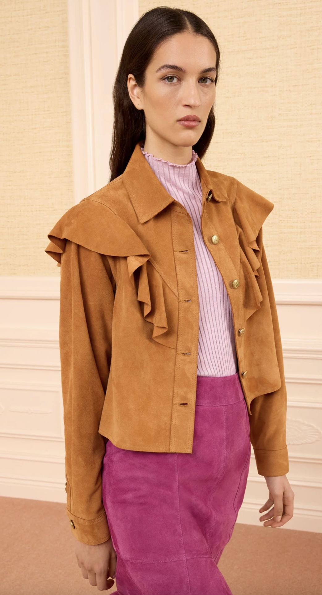 Ulla Johnson Jacket Matilde Ruffle suede Jacket, Cognac Soho-Boutique