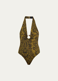 Ulla Johnson Swim Milos Halter One Piece, Olive Flora Soho-Boutique