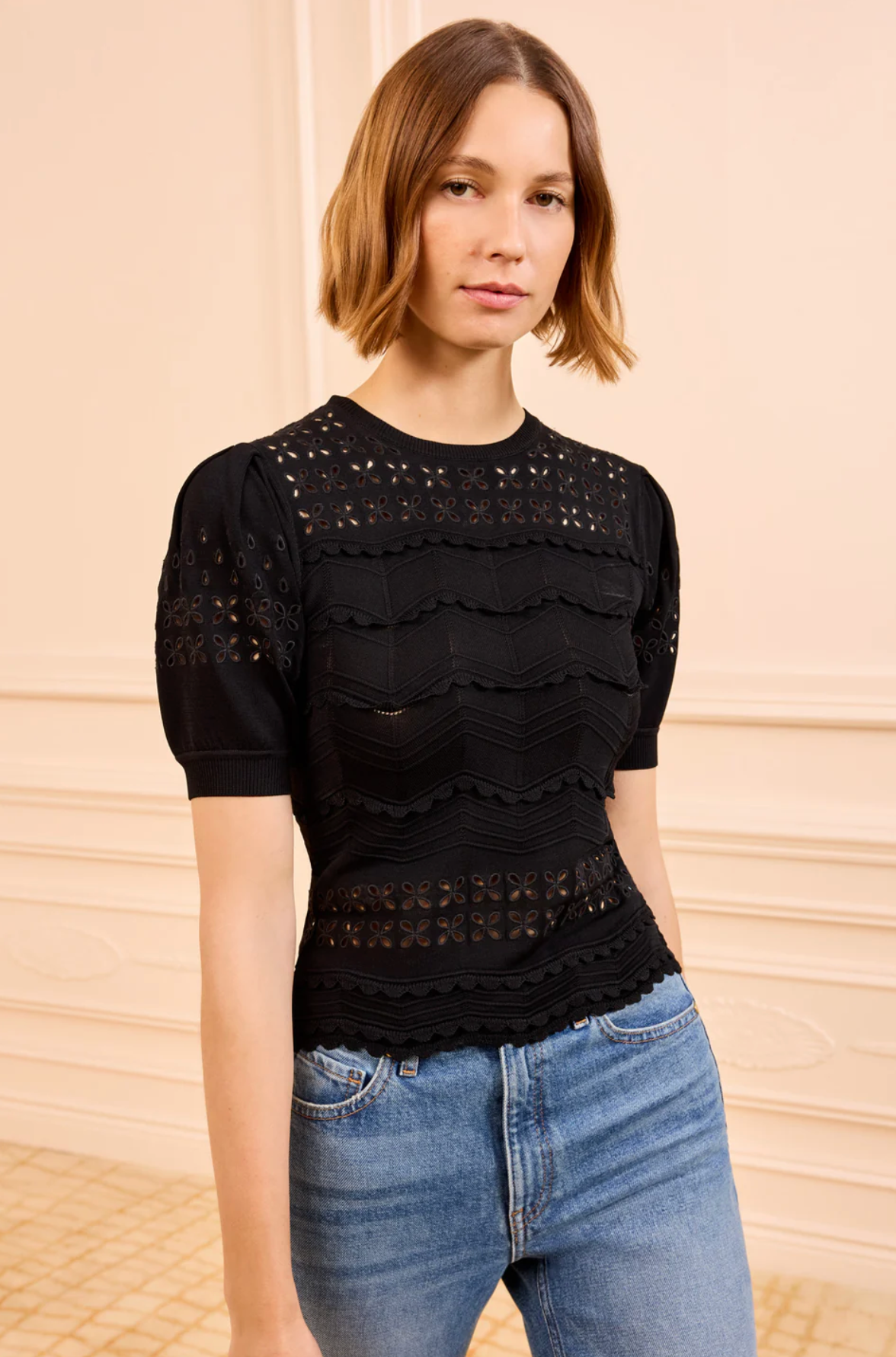 Ulla Johnson Top Marcelena Eyelet Knit Top, Noir Soho-Boutique