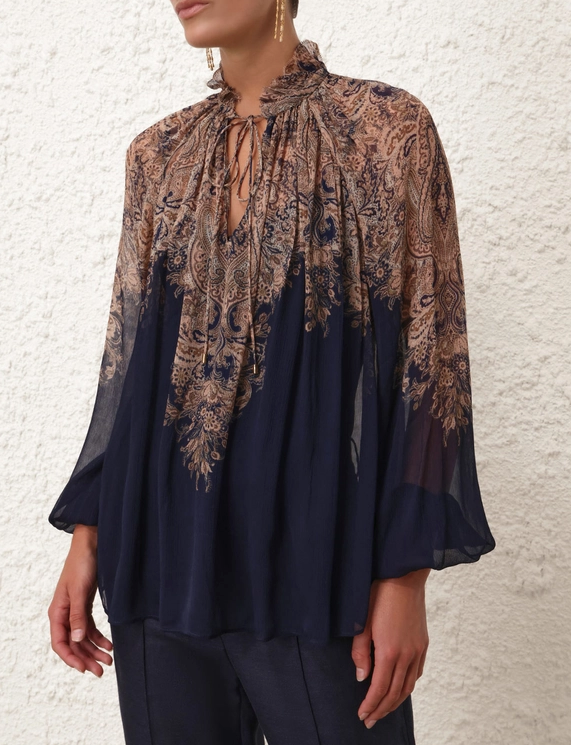 Zimmermann Blouse Natura Billow Blouse, Navy Paisley Soho-Boutique