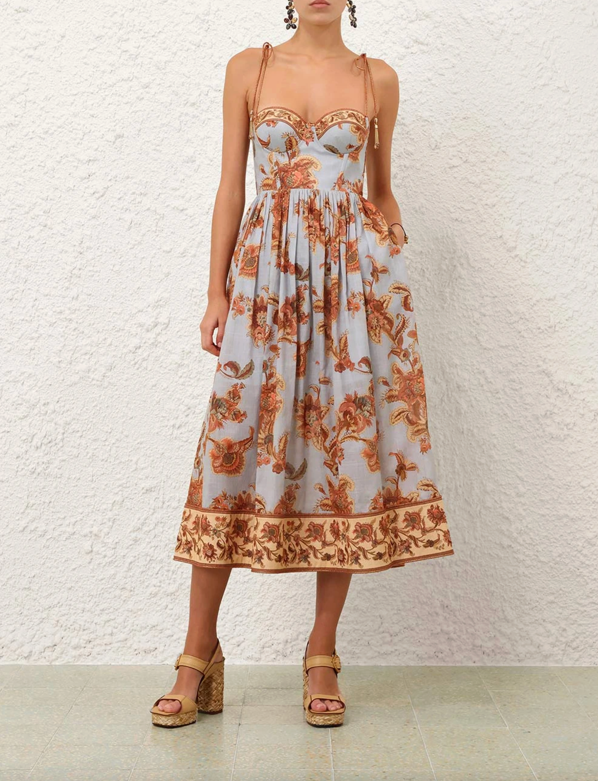 Zimmermann Dress Aster Corset Midi Dress, Blue Jacobean Soho-Boutique