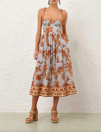 Zimmermann Dress Aster Corset Midi Dress, Blue Jacobean Soho-Boutique