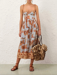 Zimmermann Dress Aster Corset Midi Dress, Blue Jacobean Soho-Boutique