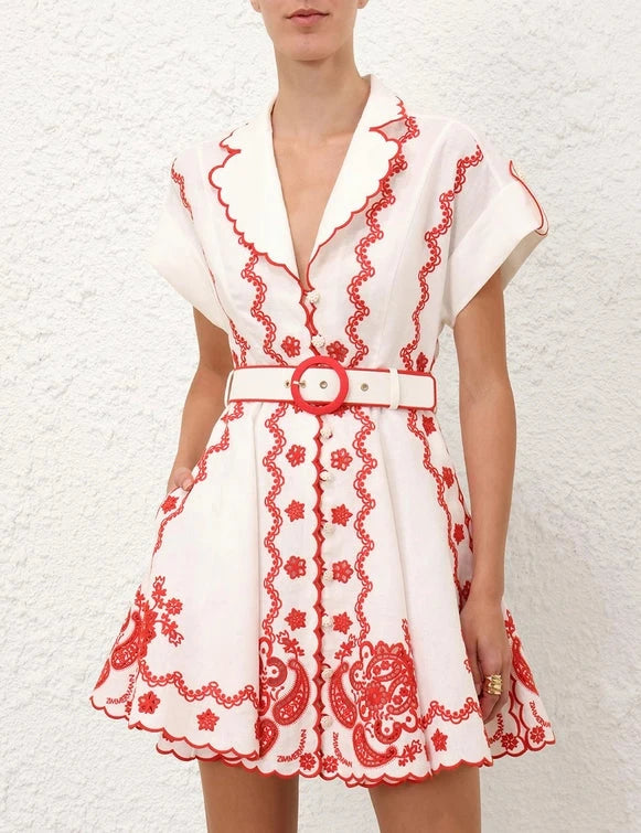 Zimmermann Dress Lucky Embroidered Mini Dress, Ivory/Red Soho-Boutique