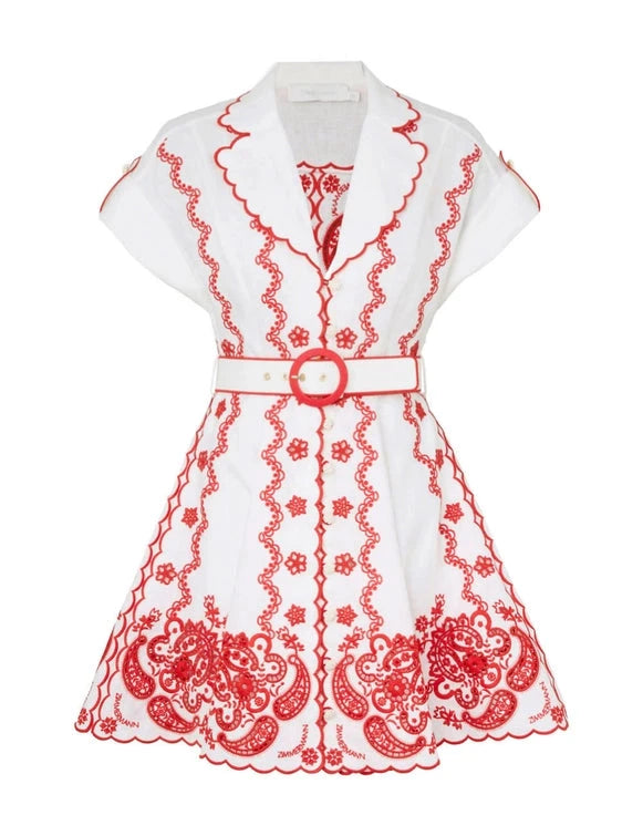 Zimmermann Dress Lucky Embroidered Mini Dress, Ivory/Red Soho-Boutique