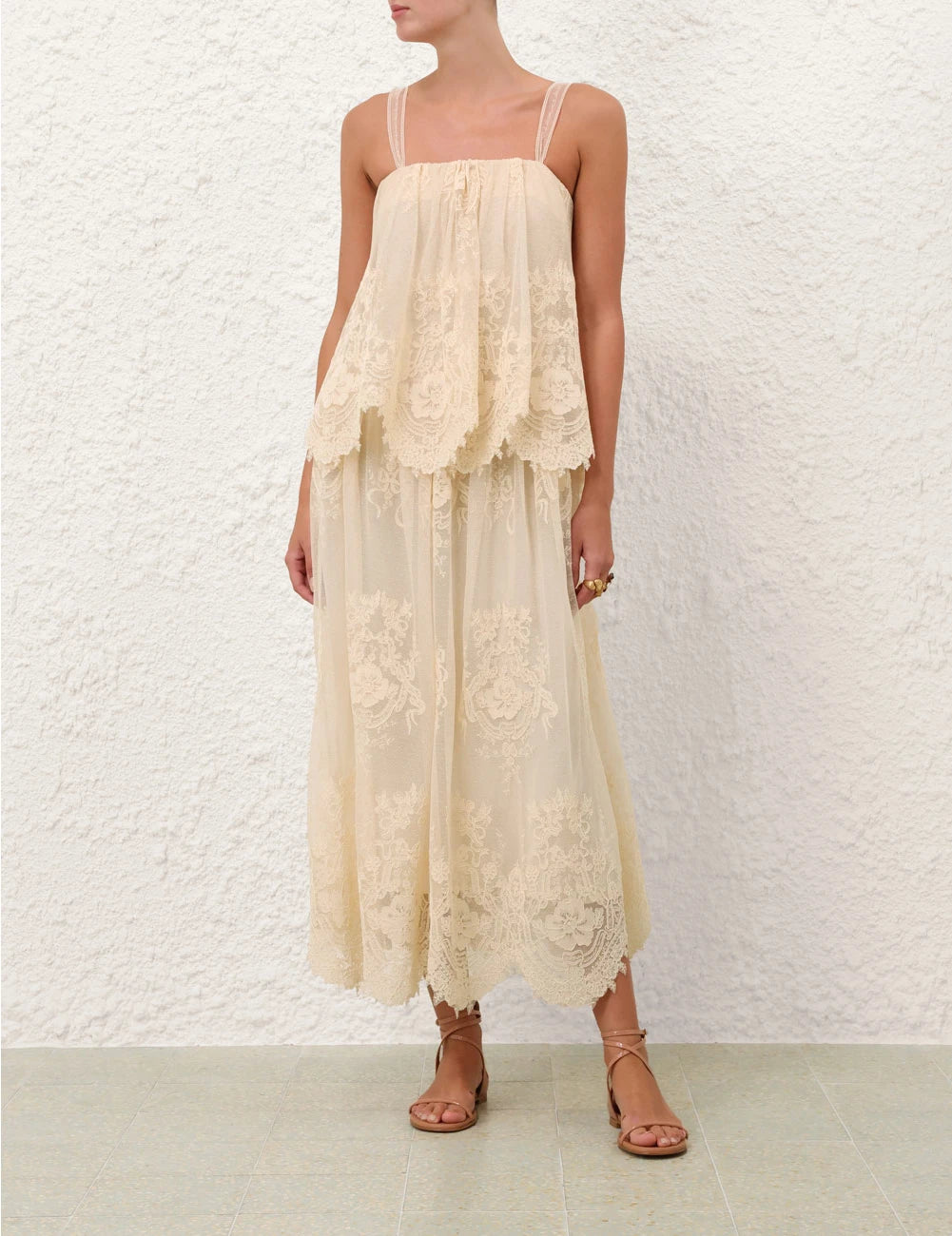 Zimmermann Dress Luna Tiered Lace Slip, Cream Soho-Boutique