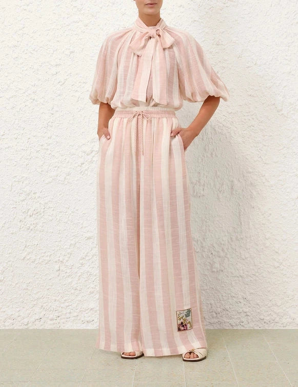 Zimmermann Pants Acacia Wide Leg Pant, Pink/Cream Stripe Soho-Boutique