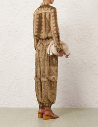 Zimmermann Shirt Luna Satin Shirt, Olive Perla Paisley Soho-Boutique