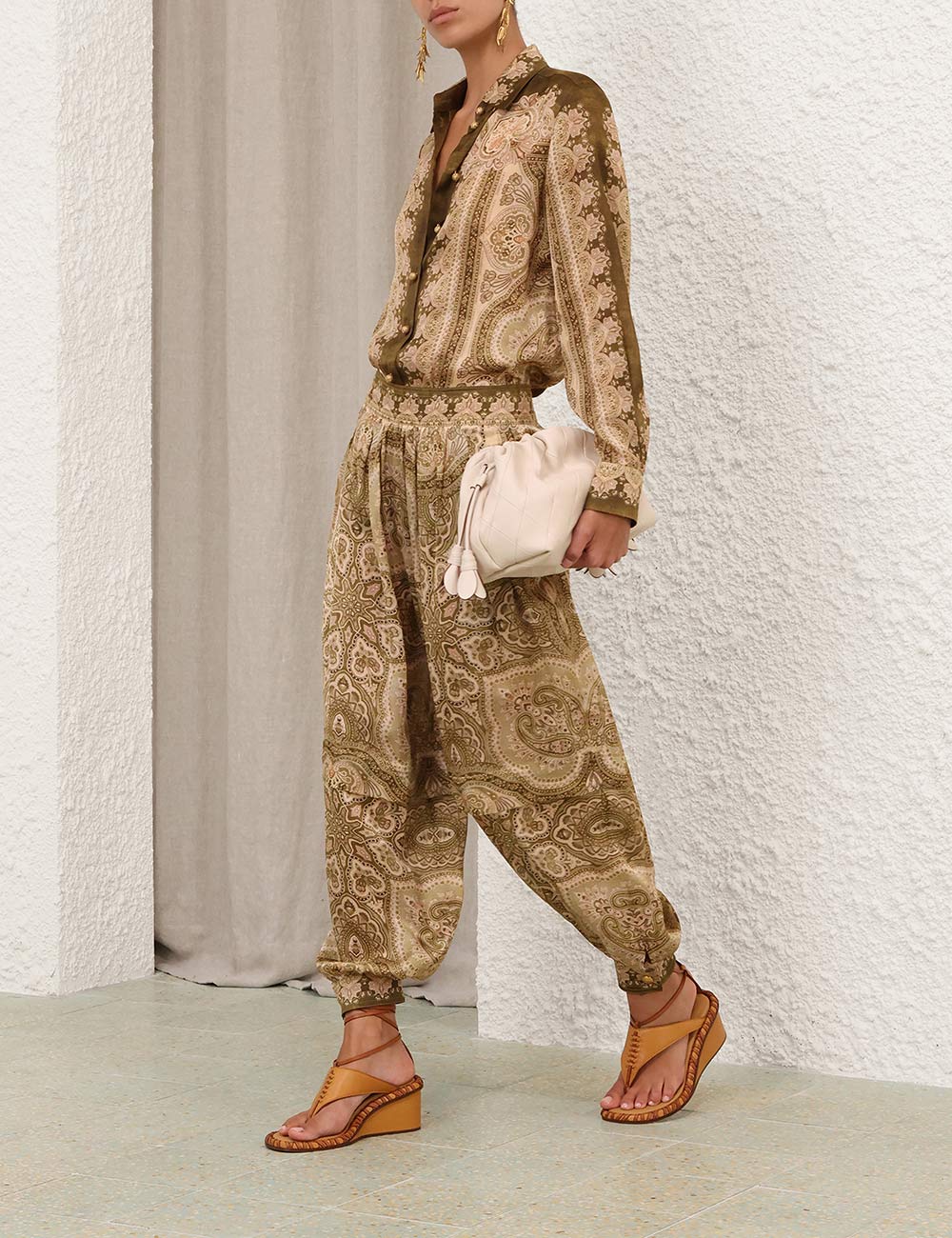 Zimmermann Shirt Luna Satin Shirt, Olive Perla Paisley Soho-Boutique