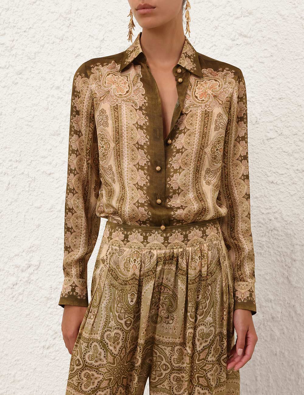 Zimmermann Shirt Luna Satin Shirt, Olive Perla Paisley Soho-Boutique