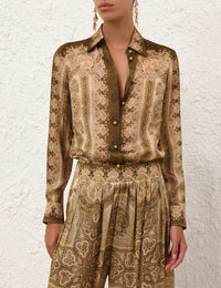 Zimmermann Shirt Luna Satin Shirt, Olive Perla Paisley Soho-Boutique