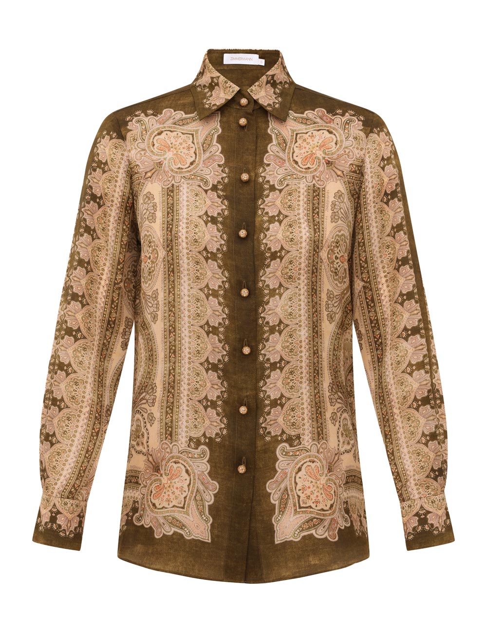 Zimmermann Shirt Luna Satin Shirt, Olive Perla Paisley Soho-Boutique