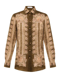 Zimmermann Shirt Luna Satin Shirt, Olive Perla Paisley Soho-Boutique