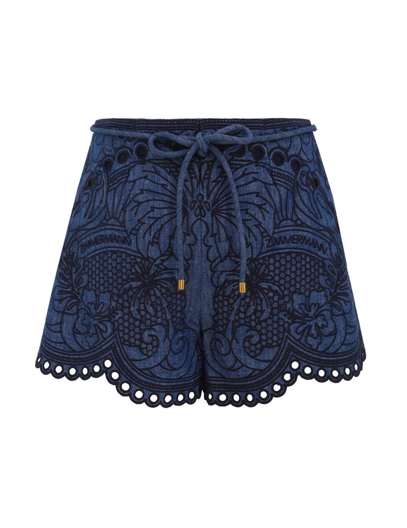 Zimmermann Short Coco Embroidered Denim Short, Railway Blue Soho-Boutique