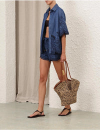 Zimmermann Short Coco Embroidered Denim Short, Railway Blue Soho-Boutique