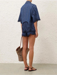 Zimmermann Short Coco Embroidered Denim Short, Railway Blue Soho-Boutique