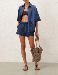 Zimmermann Short Coco Embroidered Denim Short, Railway Blue Soho-Boutique