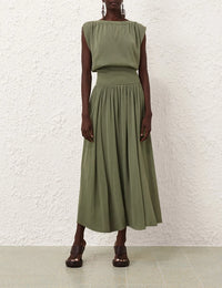 Zimmermann Skirt Illuminate Gathered Skirt, Olive Soho-Boutique