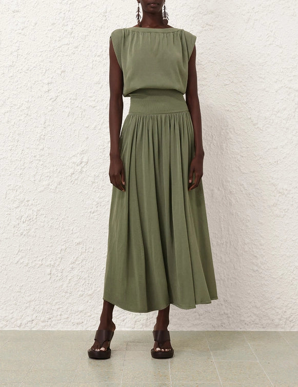 Zimmermann Skirt Illuminate Gathered Skirt, Olive Soho-Boutique