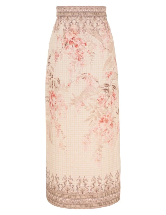 Zimmermann Skirt Illuminate Pencil Midi Skirt, Coral Floral Soho-Boutique