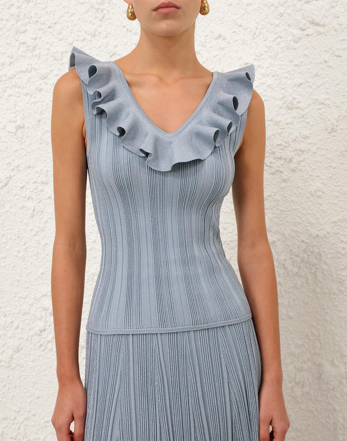 Zimmermann tank Aster Metallic Frill Top, Metallic Blue Soho-Boutique