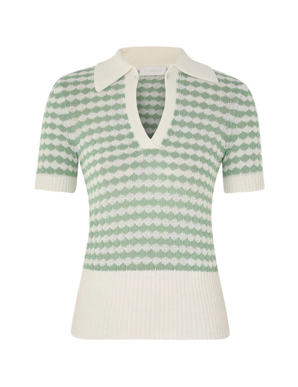 Zimmermann Top Everley Knit Polo Tee, Green Cream Soho-Boutique