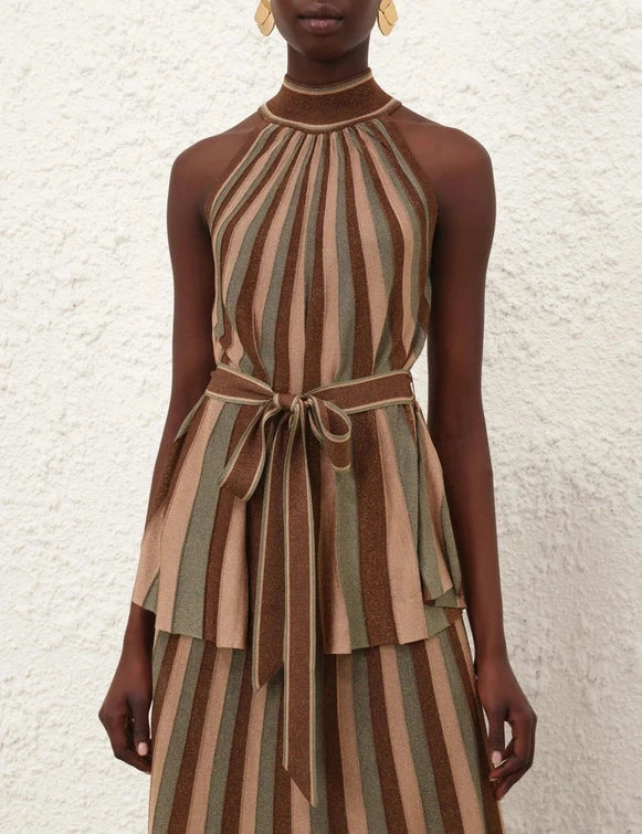 Zimmermann Top Hypnotic Halter Top, Metallic Green Stripe Soho-Boutique