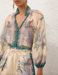 Zimmermann Top Indra Billow Blouse, Cream Scarf Floral Soho-Boutique